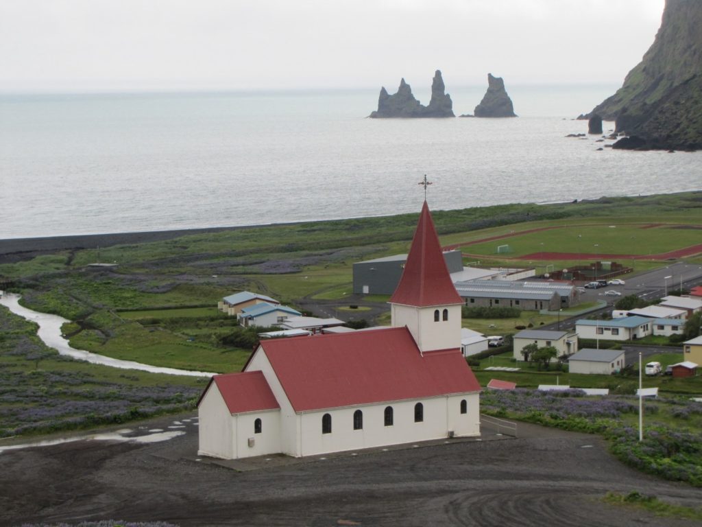 Close view of Vík í Mýrdal Church, Iceland